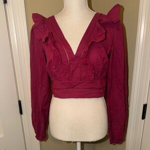 Women’s Altered State Long Sleeve Crop Top Blouse Maroon Ruffled zip small